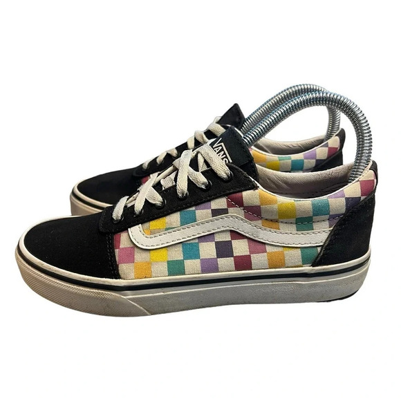 Vans Old Skool Rainbow Checkerboard Girl’s Missy 4 Sneakers Canvas Suede Low Top - Picture 5 of 9